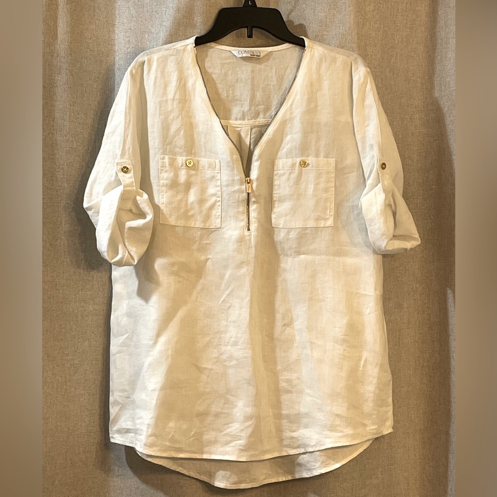 Ellen Tracy Co Women Size XL 1/4 Zip White Linen Tunic Roll-Tab Sleeve Blouse